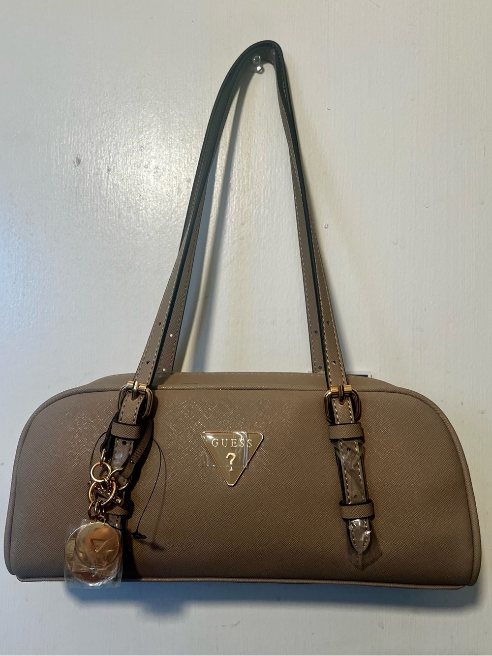 GUESS Taupe Leather Shoulder Bag with Gold Hardware